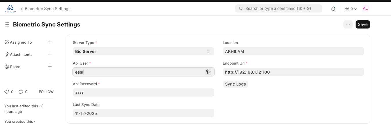 Biometric Sync Settings