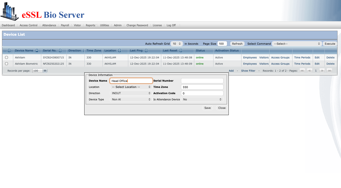 eBioServer - Device List